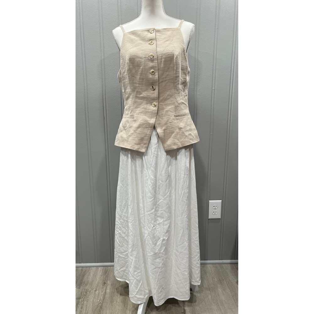 Vintage‎ Two Piece Beige Textured Button Front Peplum Top Maxi Skirt Set